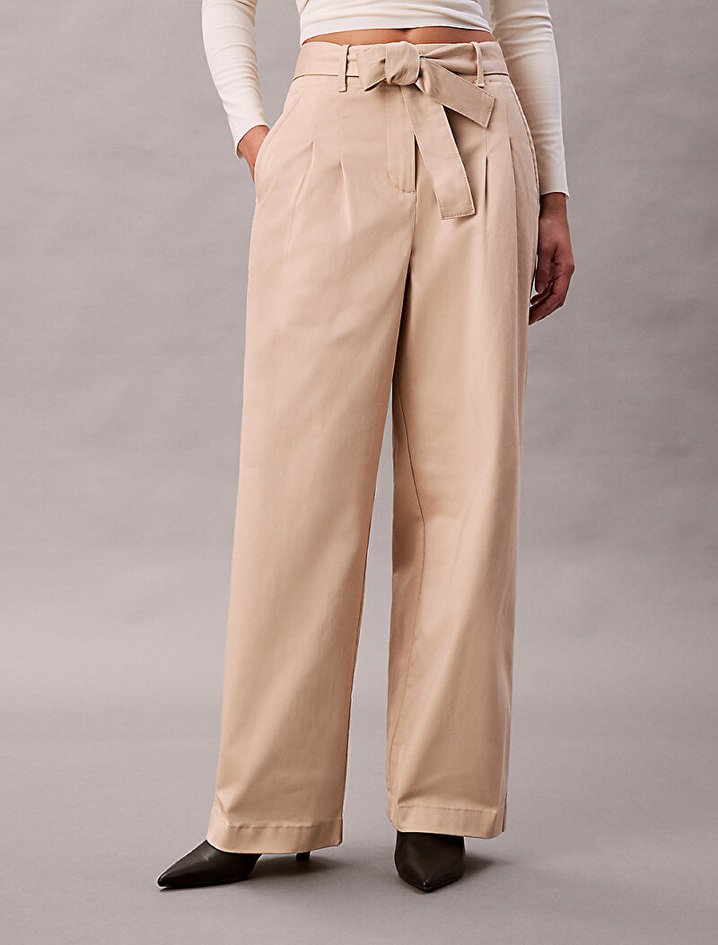 Calvin Klein Bej Renkli Kadın Cotton Twill Belted Pantolon