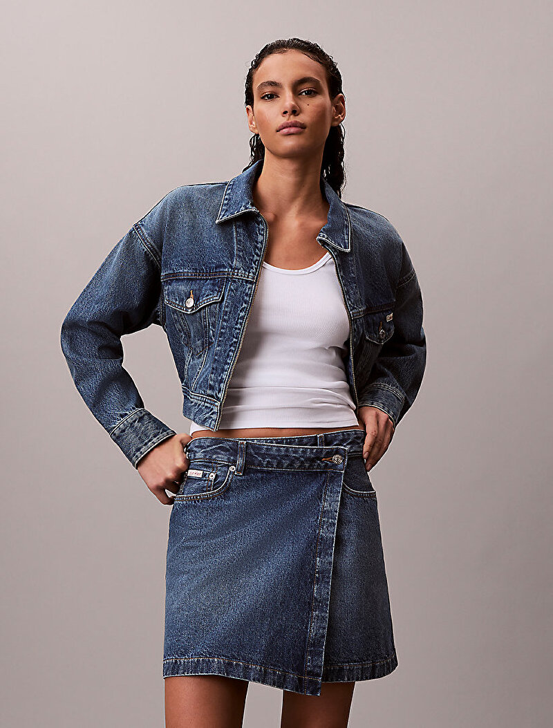 Calvin Klein Mavi Renkli Kadın Denim Mini Wrap Etek