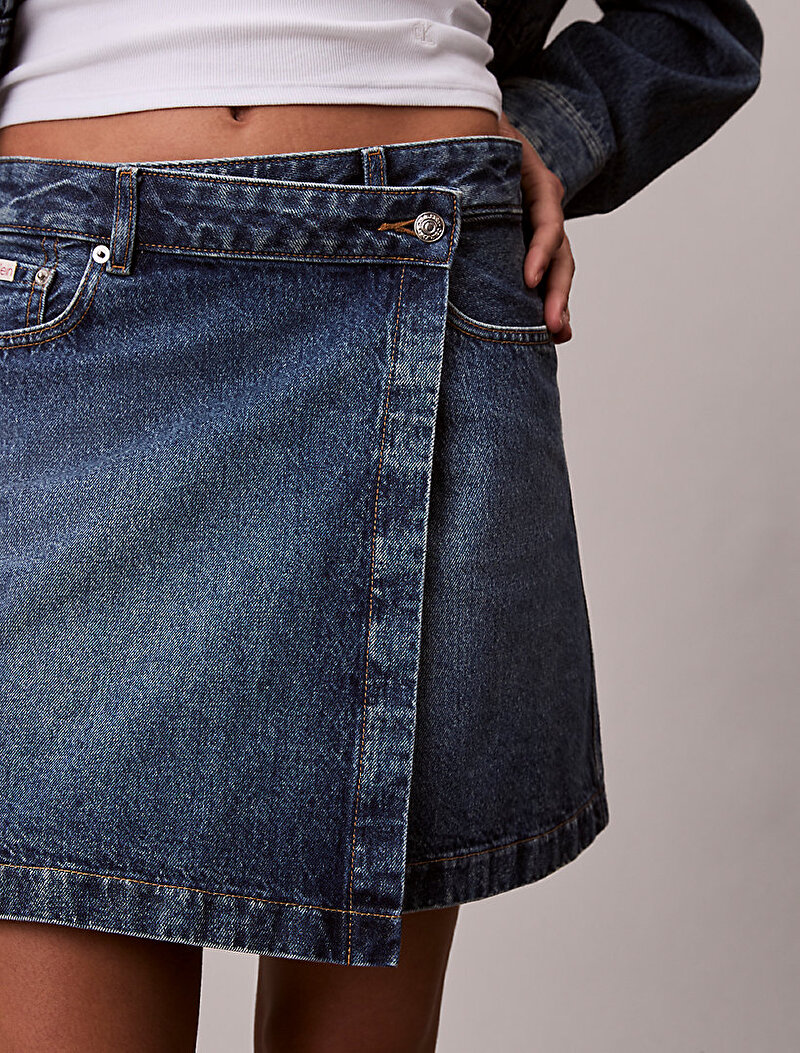 Calvin Klein Mavi Renkli Kadın Denim Mini Wrap Etek