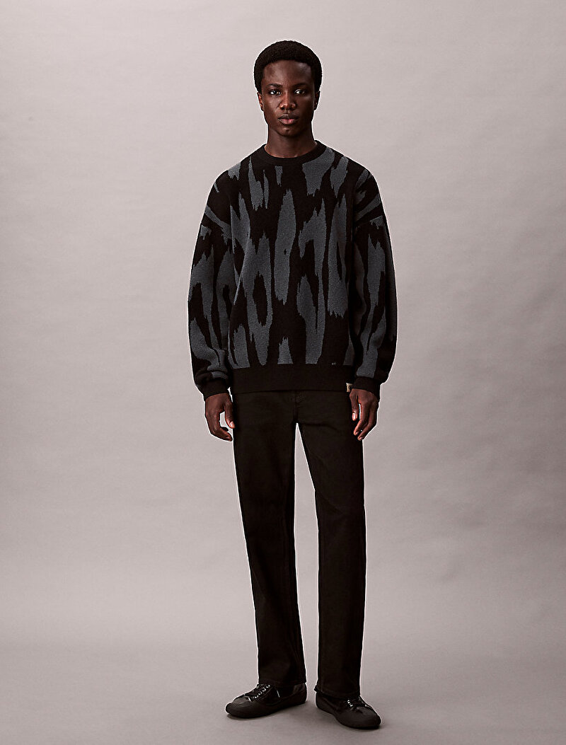 Calvin Klein Gri Renkli Erkek Abstract Jacquard Kazak