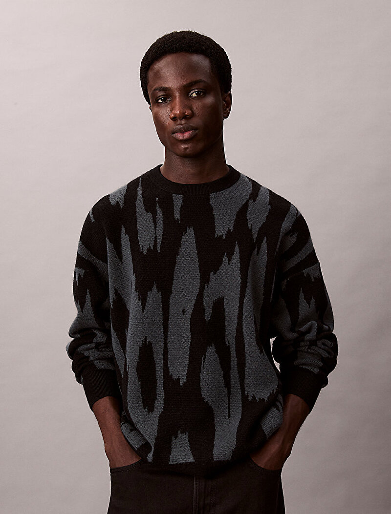 Calvin Klein Gri Renkli Erkek Abstract Jacquard Kazak