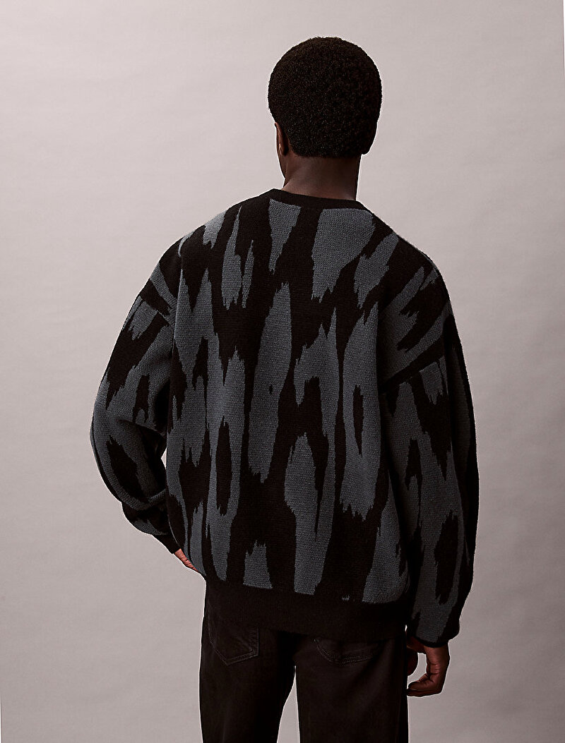 Calvin Klein Gri Renkli Erkek Abstract Jacquard Kazak