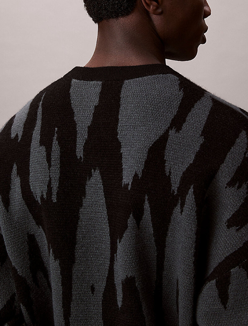Calvin Klein Gri Renkli Erkek Abstract Jacquard Kazak