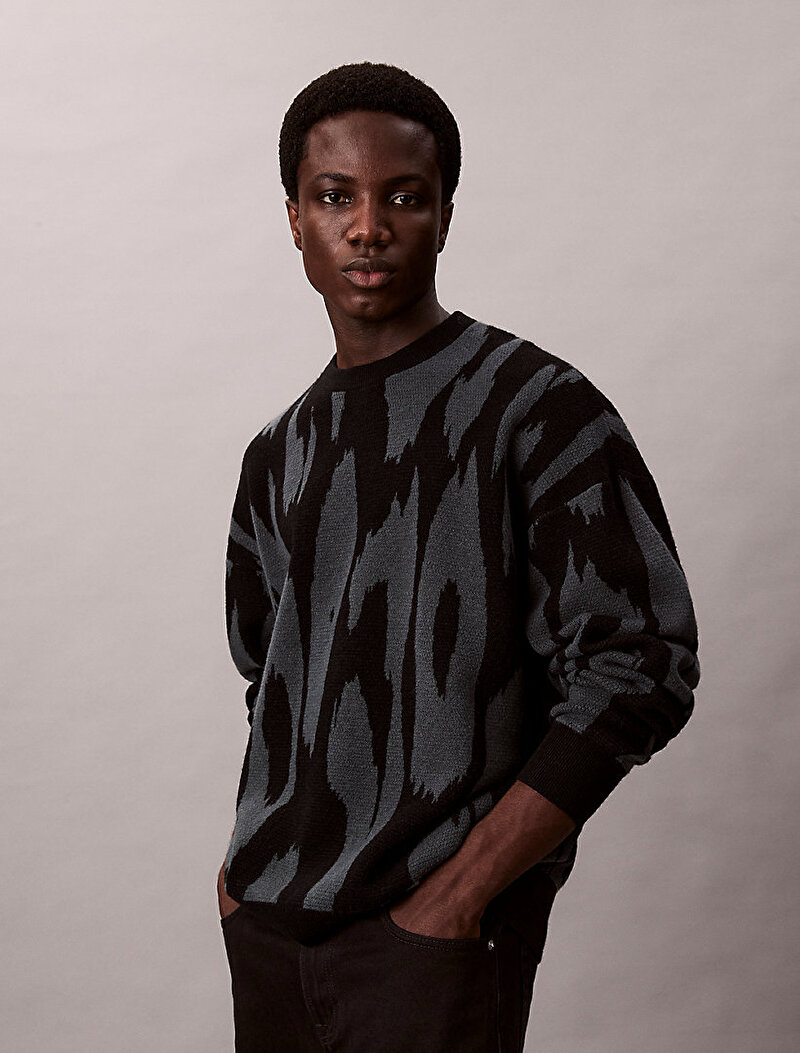 Calvin Klein Gri Renkli Erkek Abstract Jacquard Kazak