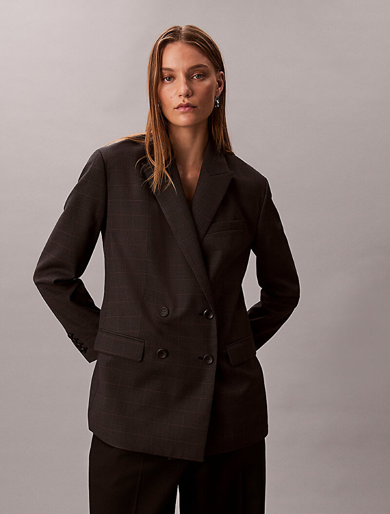 Calvin Klein Kahverengi Renkli Kadın Houndstooth Wool Blazer
