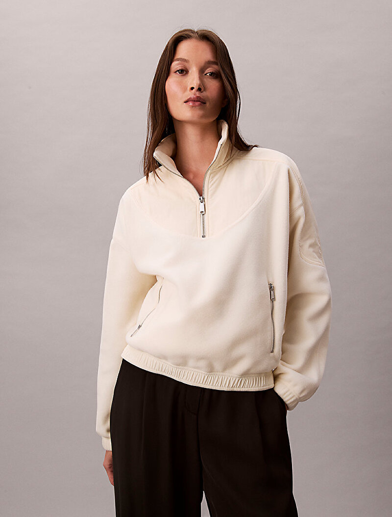 Calvin Klein Beyaz Renkli Kadın 1/4 ZIP Mixed Media Sweatshirt