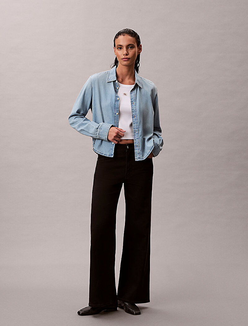 Calvin Klein Mavi Renkli Kadın Cropped Gömlek