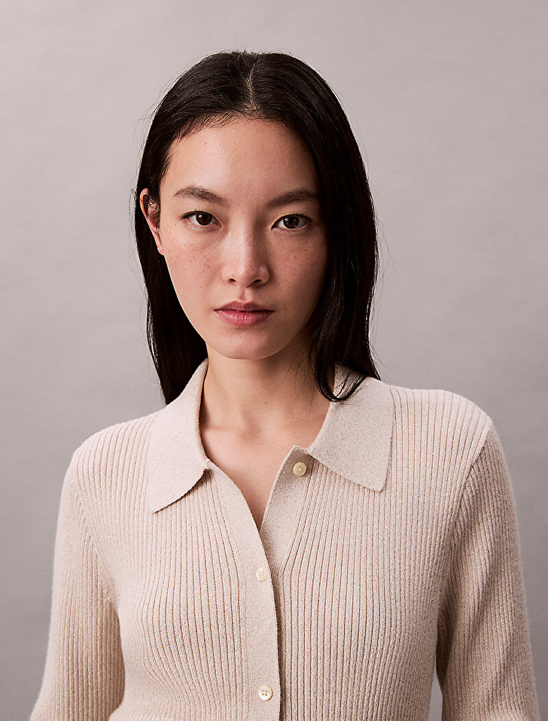 Calvin Klein Bej Renkli Kadın Wool Lurex Collared Hırka