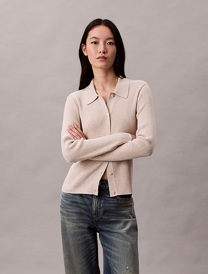 Calvin Klein Bej Renkli Kadın Wool Lurex Collared Hırka