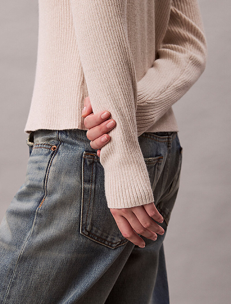 Calvin Klein Bej Renkli Kadın Wool Lurex Collared Hırka