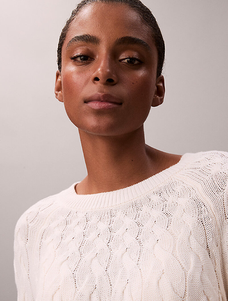 Calvin Klein Beyaz Renkli Kadın Cable Crewneck Kazak