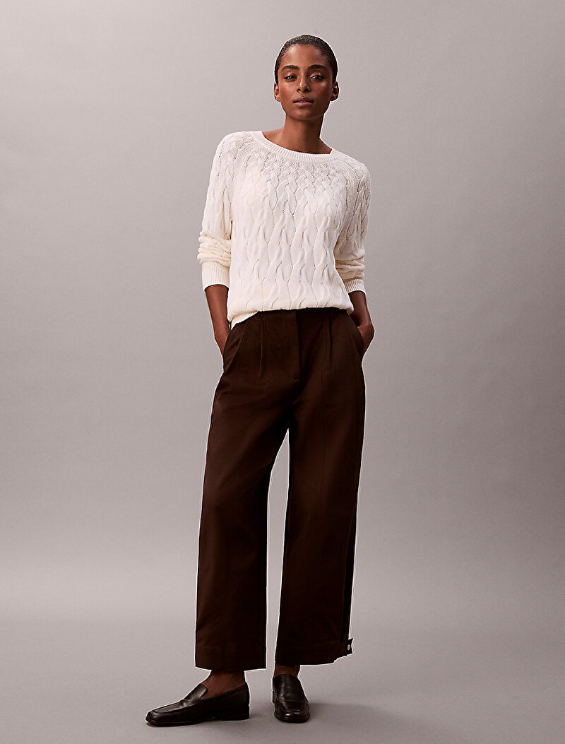 Calvin Klein Beyaz Renkli Kadın Cable Crewneck Kazak