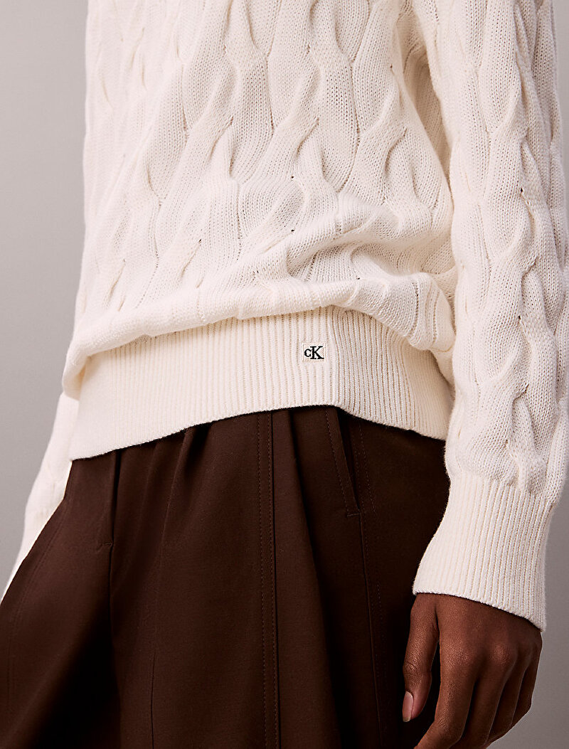 Calvin Klein Beyaz Renkli Kadın Cable Crewneck Kazak