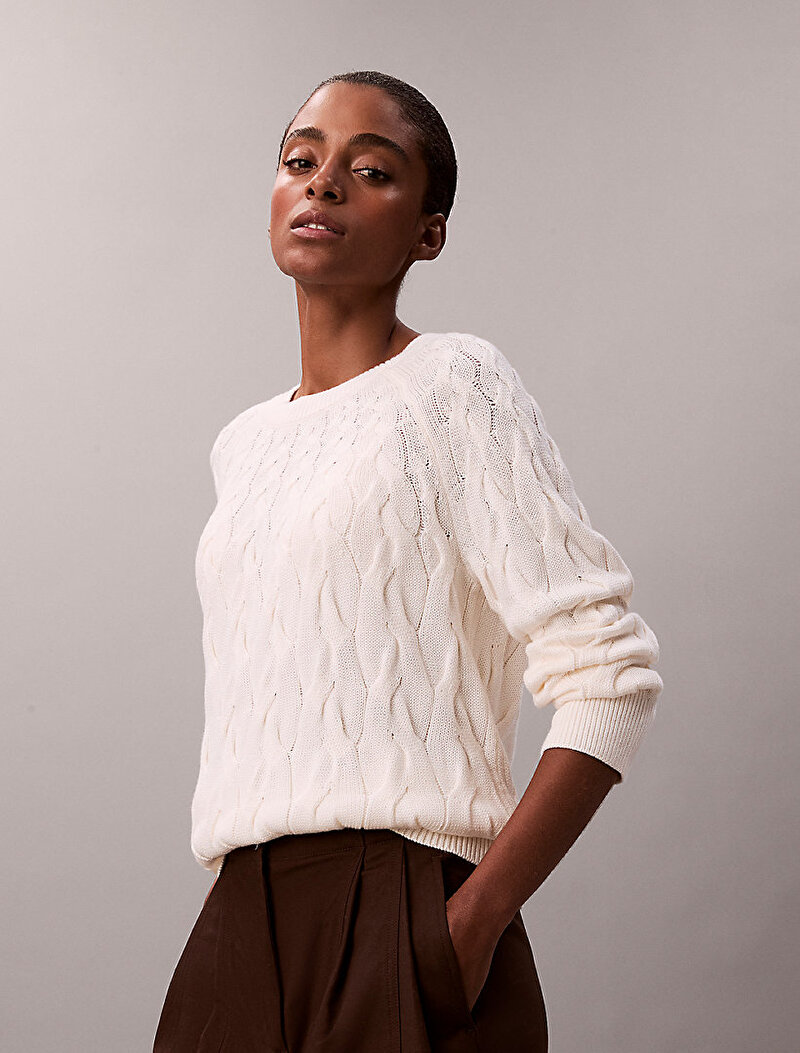 Calvin Klein Beyaz Renkli Kadın Cable Crewneck Kazak