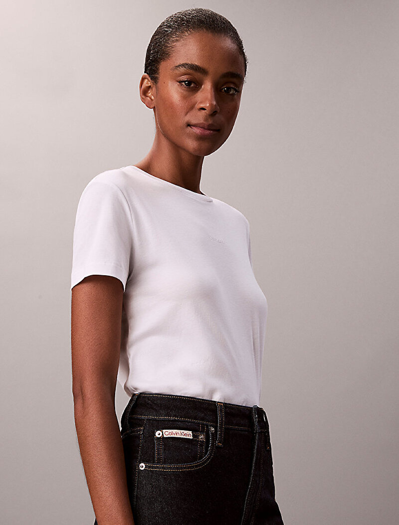 Calvin Klein Beyaz Renkli Kadın Supima Fine Inter T-shirt