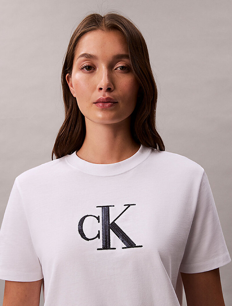 Calvin Klein Beyaz Renkli Kadın Sequin Graphic T-shirt