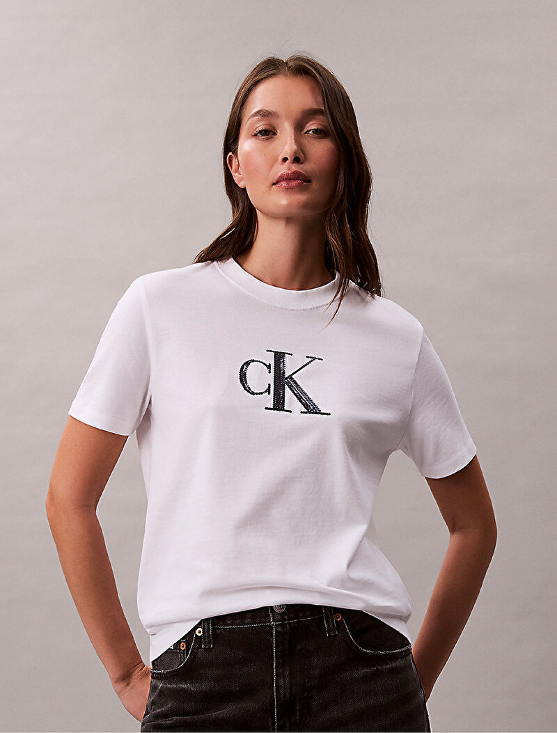 Calvin Klein Beyaz Renkli Kadın Sequin Graphic T-shirt