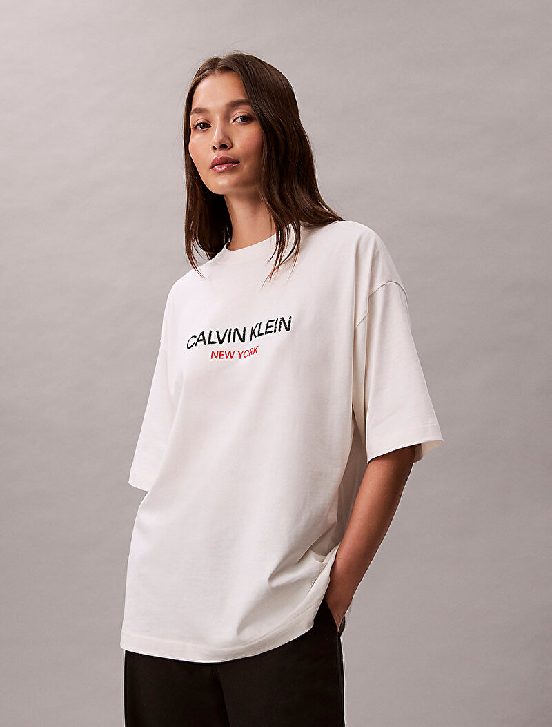 Calvin Klein Beyaz Renkli Kadın Relaxed Sequin T-shirt