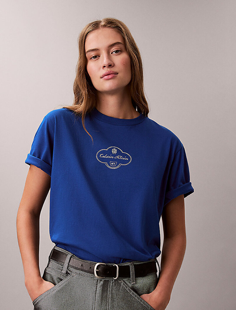 Calvin Klein Mavi Renkli Kadın Boxy Cocktail Logo T-shirt