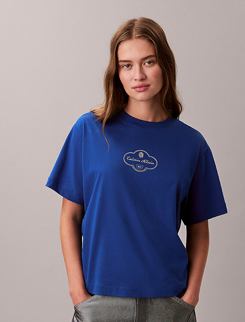 Calvin Klein Mavi Renkli Kadın Boxy Cocktail Logo T-shirt