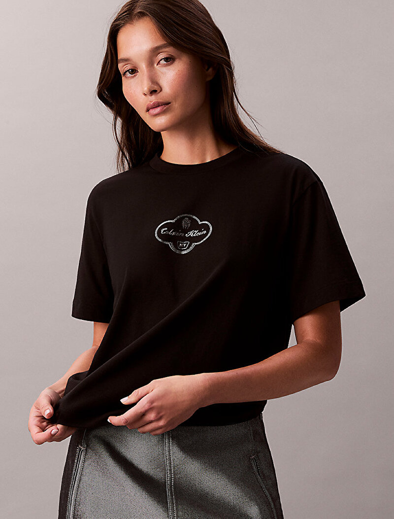 Calvin Klein Siyah Renkli Kadın Boxy Cocktail Logo T-shirt