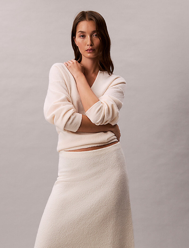 Calvin Klein Beyaz Renkli Kadın Boiled Wool Midi Etek