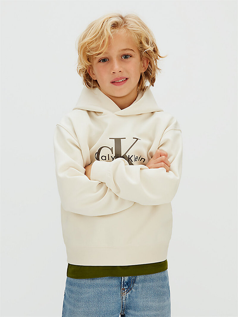 Calvin Klein Bej Renkli Erkek Çocuk Light Monologo Hoodie