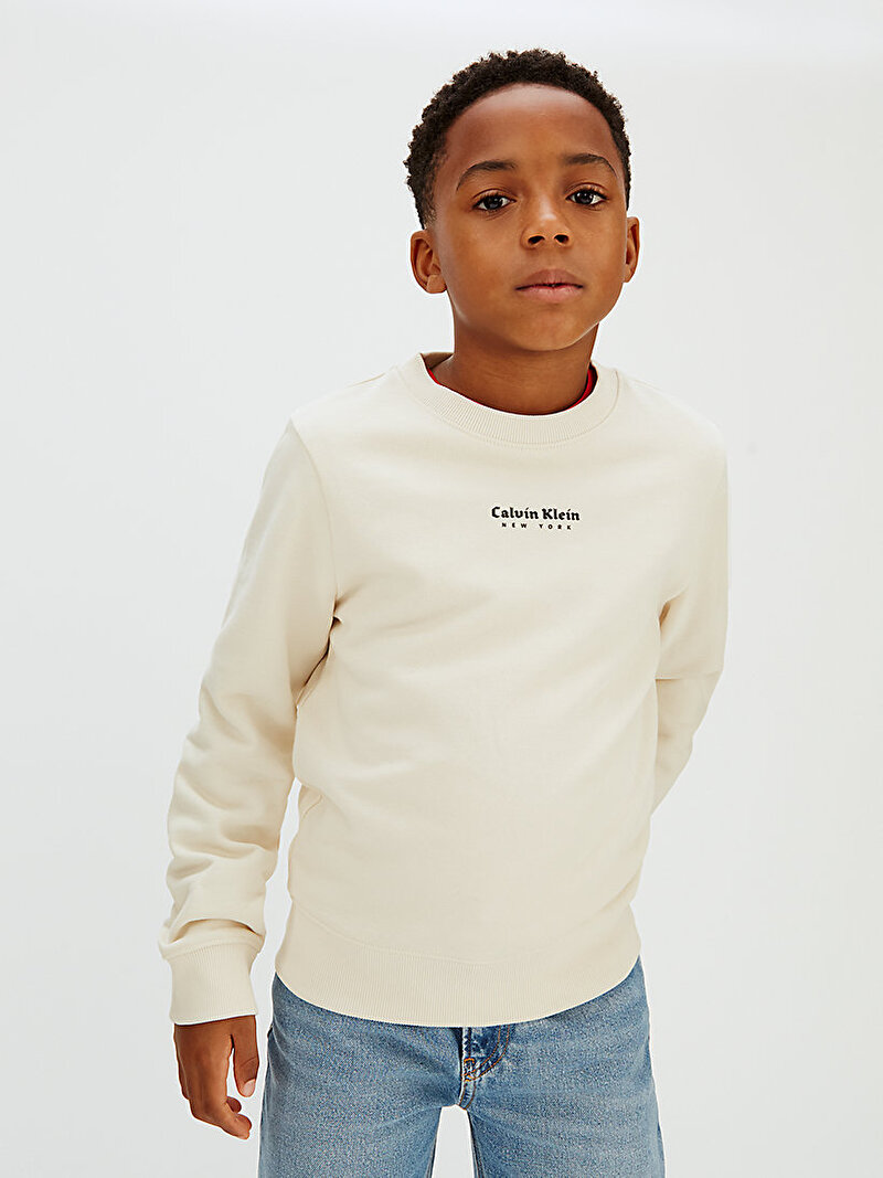 Calvin Klein Bej Renkli Erkek Çocuk Minimal Logo Sweatshirt