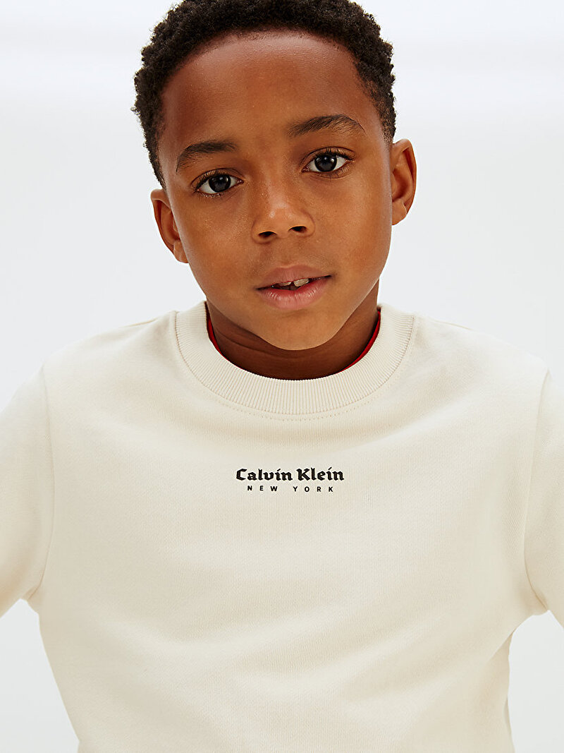 Calvin Klein Bej Renkli Erkek Çocuk Minimal Logo Sweatshirt