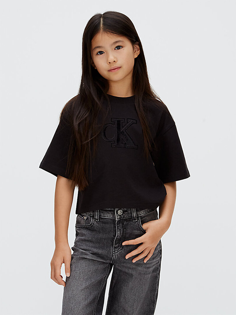 Calvin Klein Siyah Renkli Kız Çocuk Velvet Monogram Boxy T-shirt