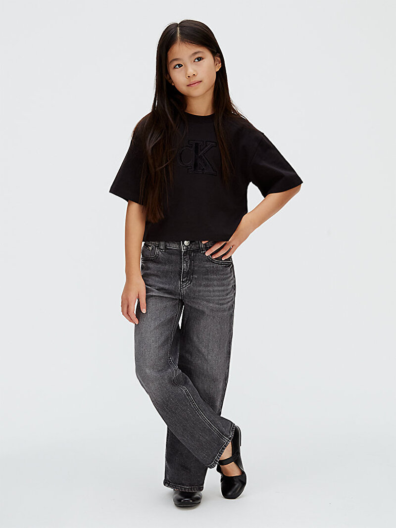 Calvin Klein Siyah Renkli Kız Çocuk Velvet Monogram Boxy T-shirt