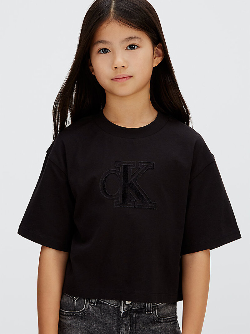 Calvin Klein Siyah Renkli Kız Çocuk Velvet Monogram Boxy T-shirt