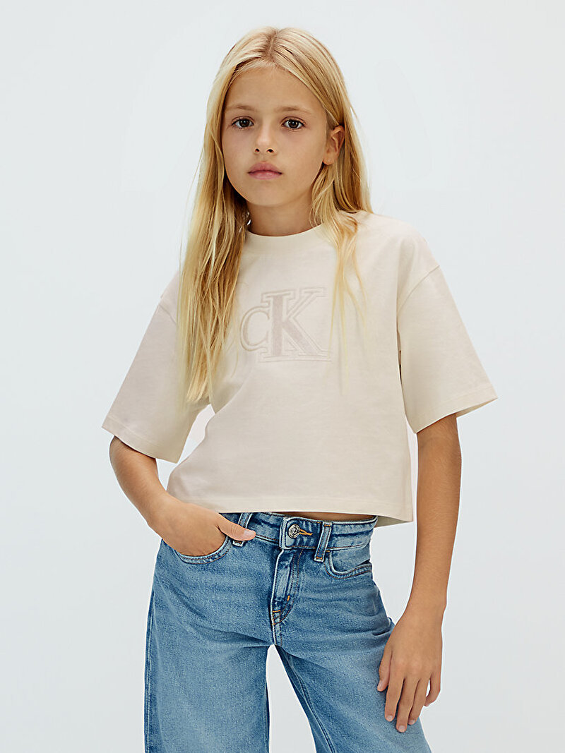 Calvin Klein Bej Renkli Kız Çocuk Velvet Monogram Boxy T-shirt