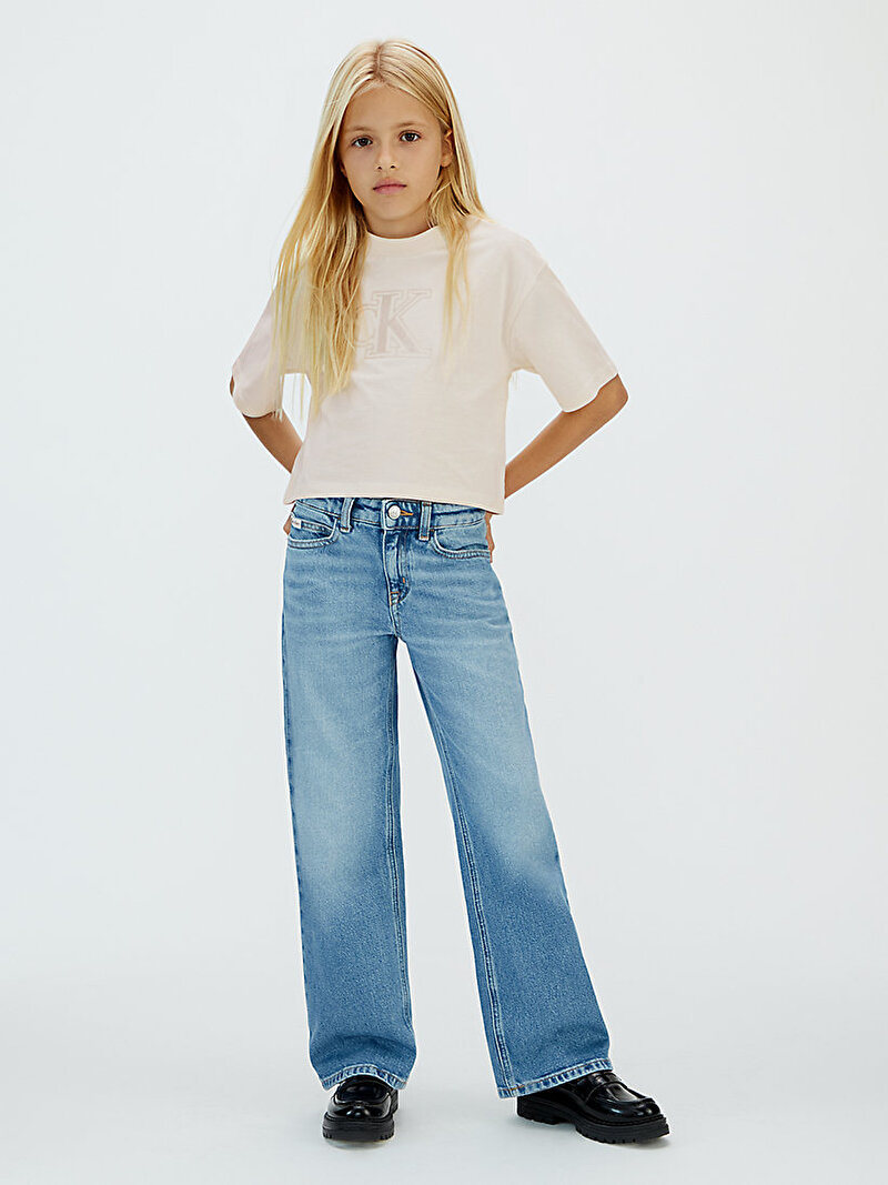 Calvin Klein Bej Renkli Kız Çocuk Velvet Monogram Boxy T-shirt