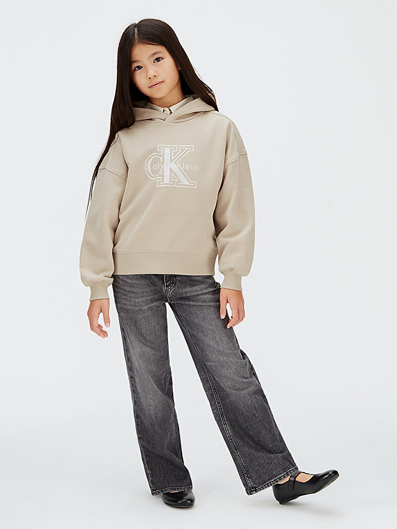 Calvin Klein Bej Renkli Kız Çocuk Velvet Monologo Hoodie