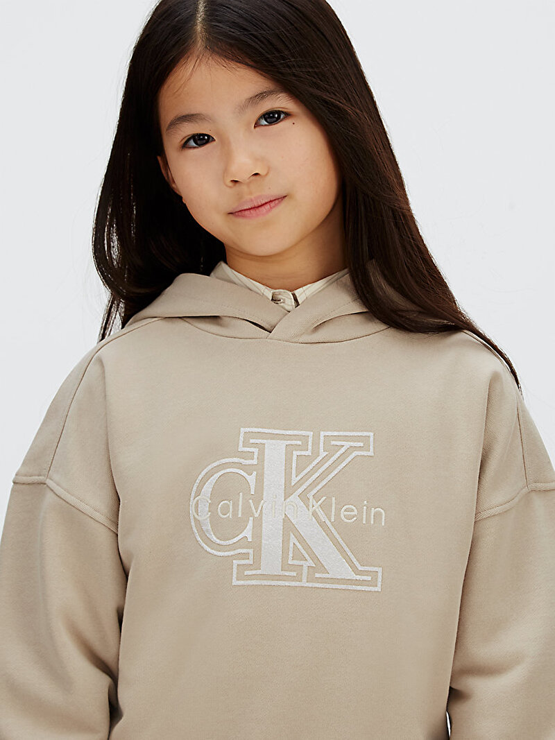 Calvin Klein Bej Renkli Kız Çocuk Velvet Monologo Hoodie