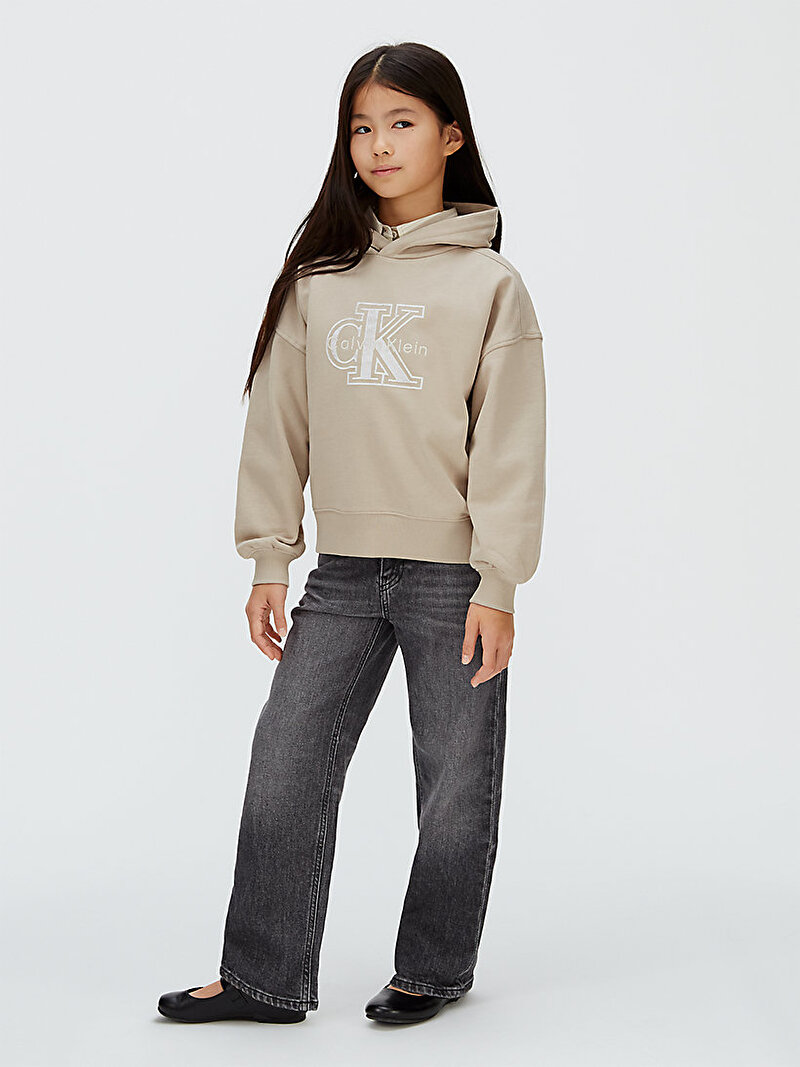 Calvin Klein Bej Renkli Kız Çocuk Velvet Monologo Hoodie