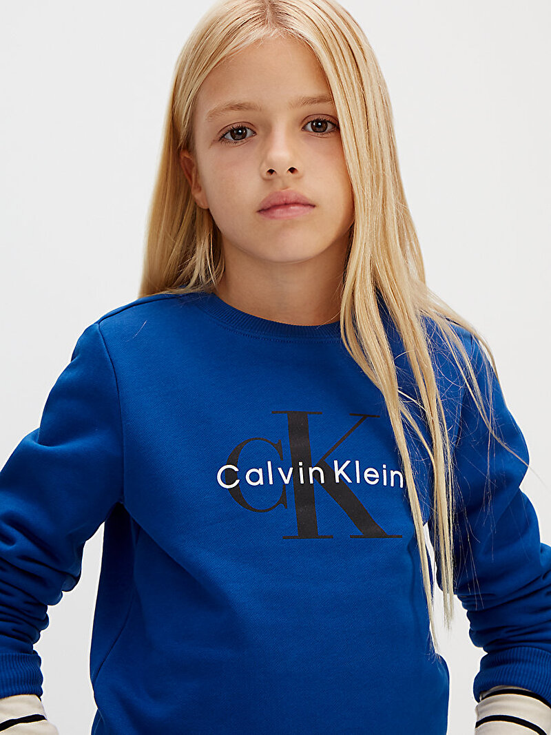 Calvin Klein Mavi Renkli Çocuk Unisex CK Monogram Terry Sweatshirt