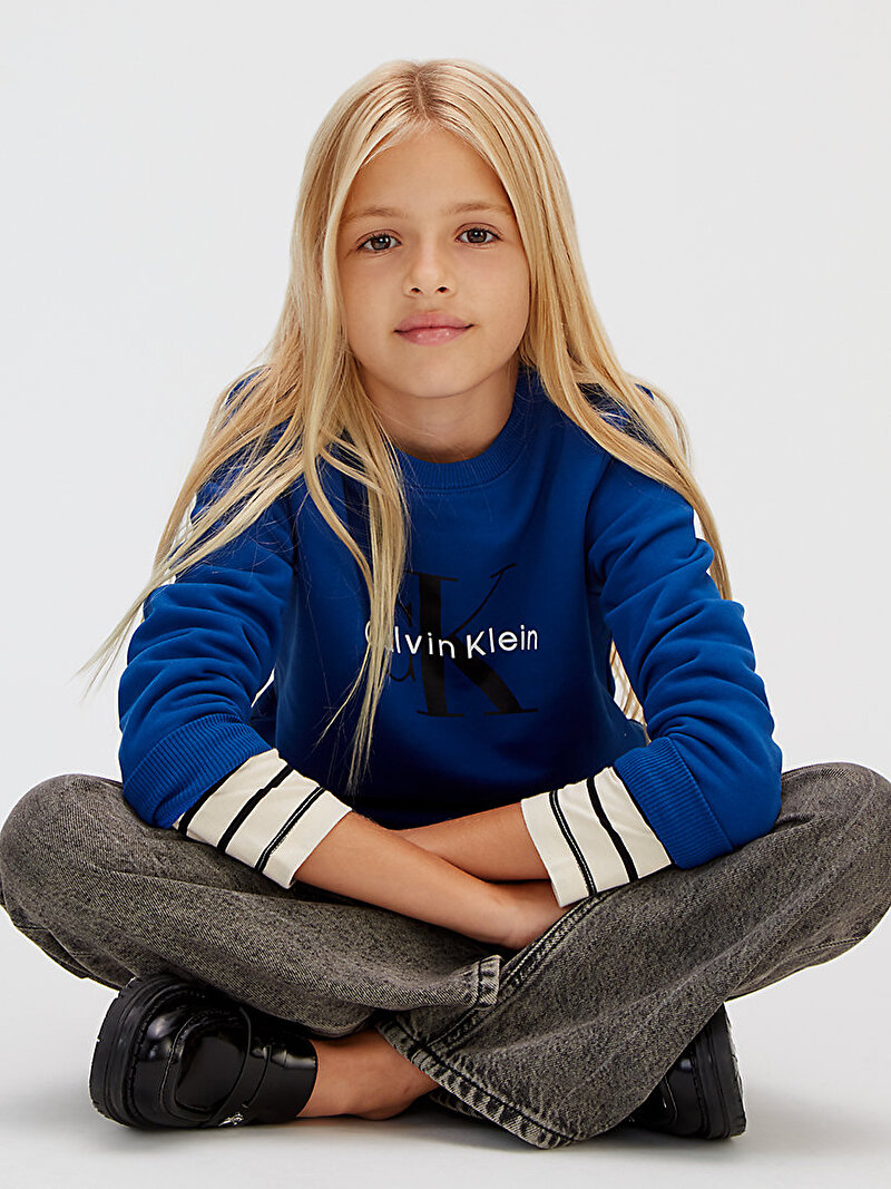 Calvin Klein Mavi Renkli Çocuk Unisex CK Monogram Terry Sweatshirt