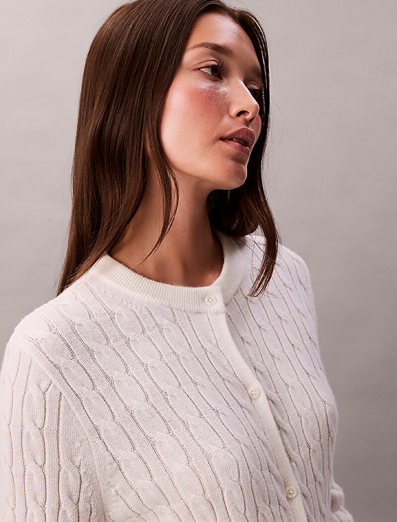 Calvin Klein Beyaz Renkli Kadın Wool Cable Kazak