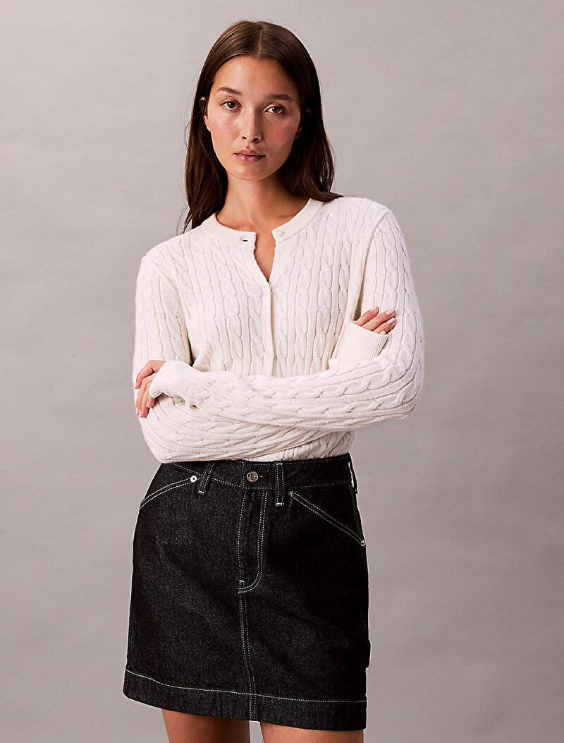 Calvin Klein Beyaz Renkli Kadın Wool Cable Kazak