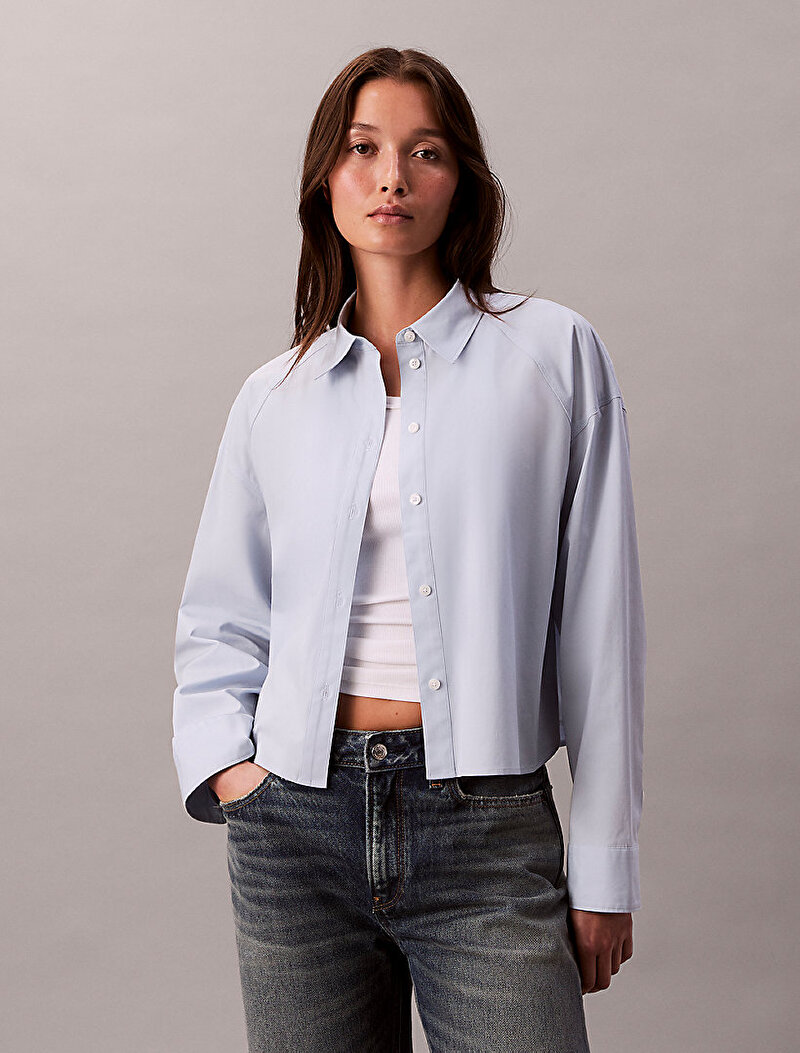 Calvin Klein Mavi Renkli Kadın Solid Boxy Cropped Gömlek