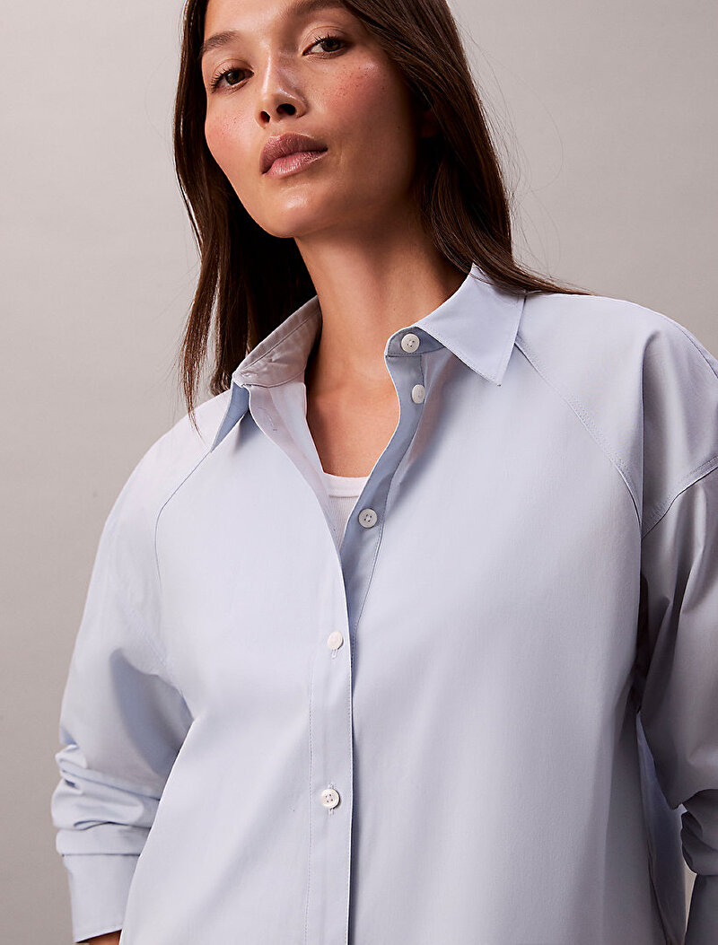Calvin Klein Mavi Renkli Kadın Solid Boxy Cropped Gömlek