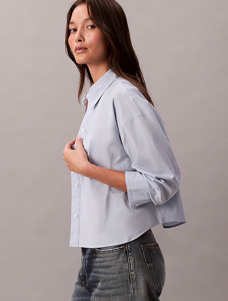 Calvin Klein Mavi Renkli Kadın Solid Boxy Cropped Gömlek