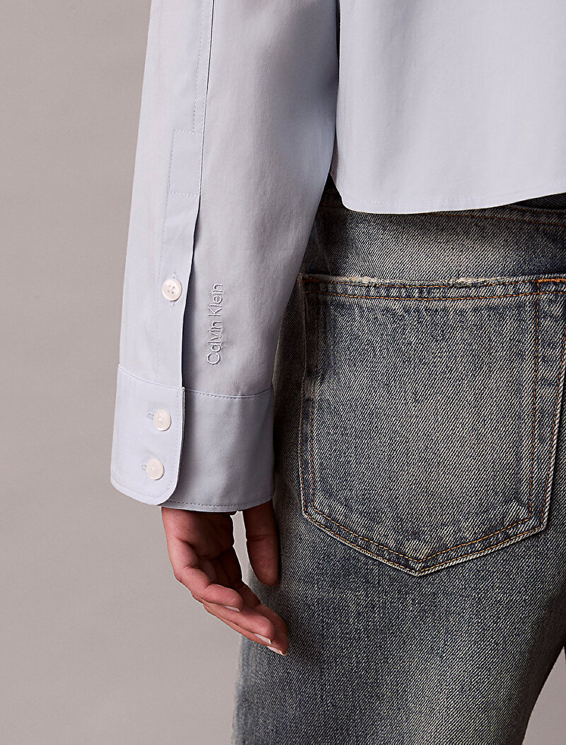 Calvin Klein Mavi Renkli Kadın Solid Boxy Cropped Gömlek