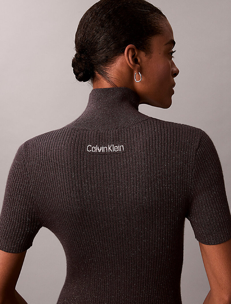 Calvin Klein Gri Renkli Kadın Wool Lurex Tneck Elbise