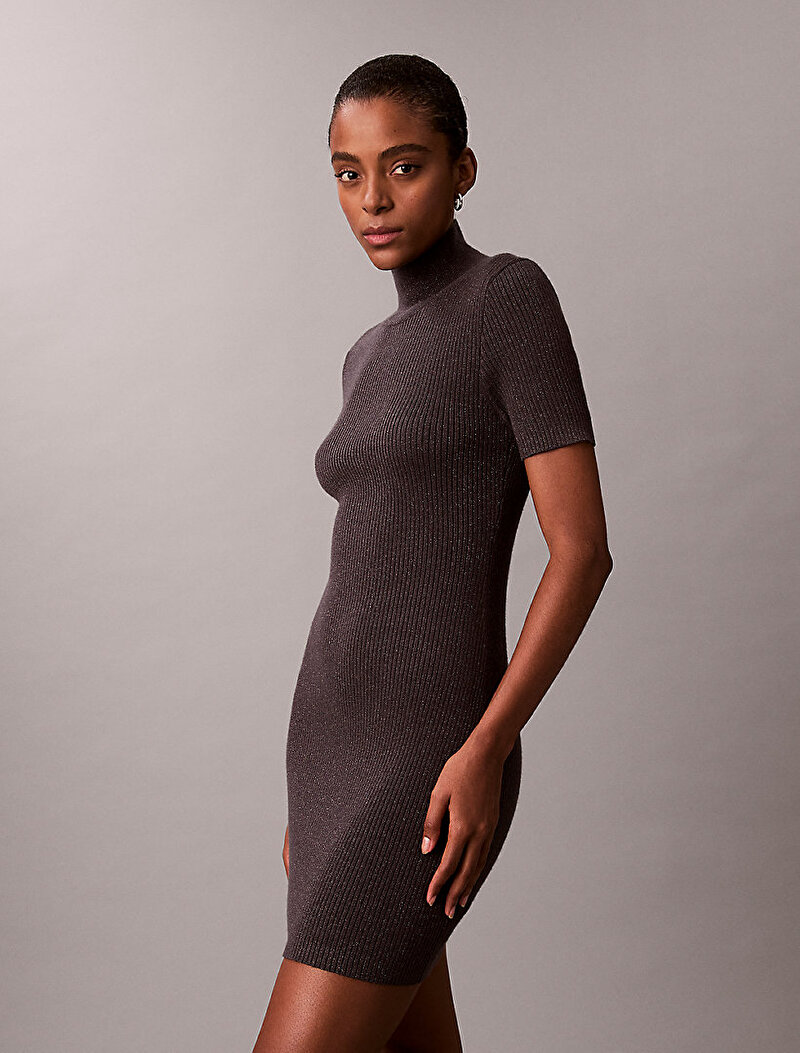 Calvin Klein Gri Renkli Kadın Wool Lurex Tneck Elbise