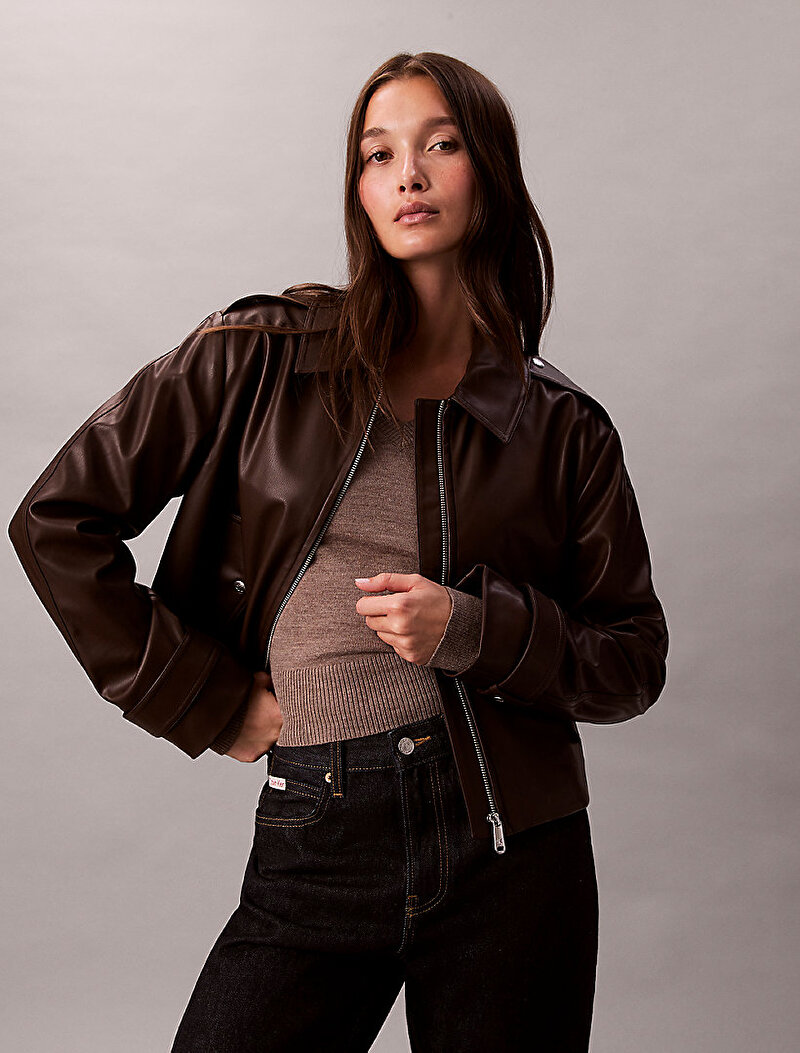 Calvin Klein Kahverengi Renkli Kadın Leather Moto Ceket