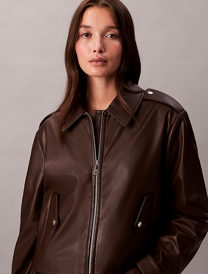 Calvin Klein Kahverengi Renkli Kadın Leather Moto Ceket