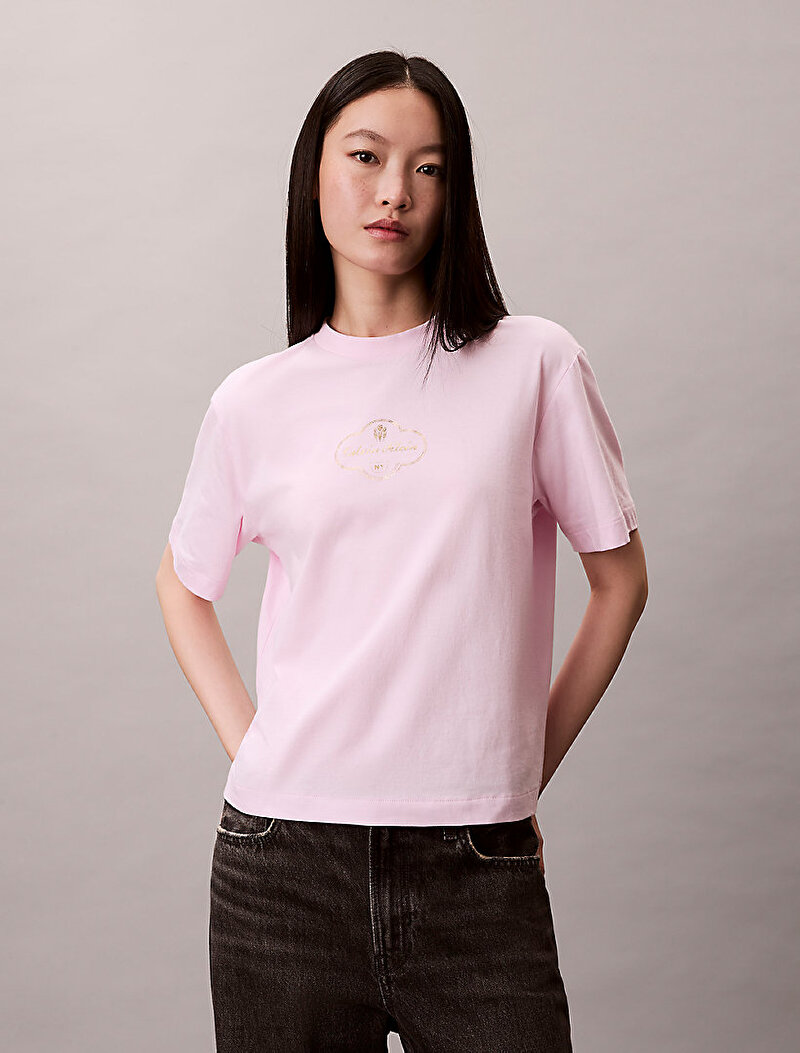 Calvin Klein Pembe Renkli Kadın Boxy Cocktail Logo T-shirt